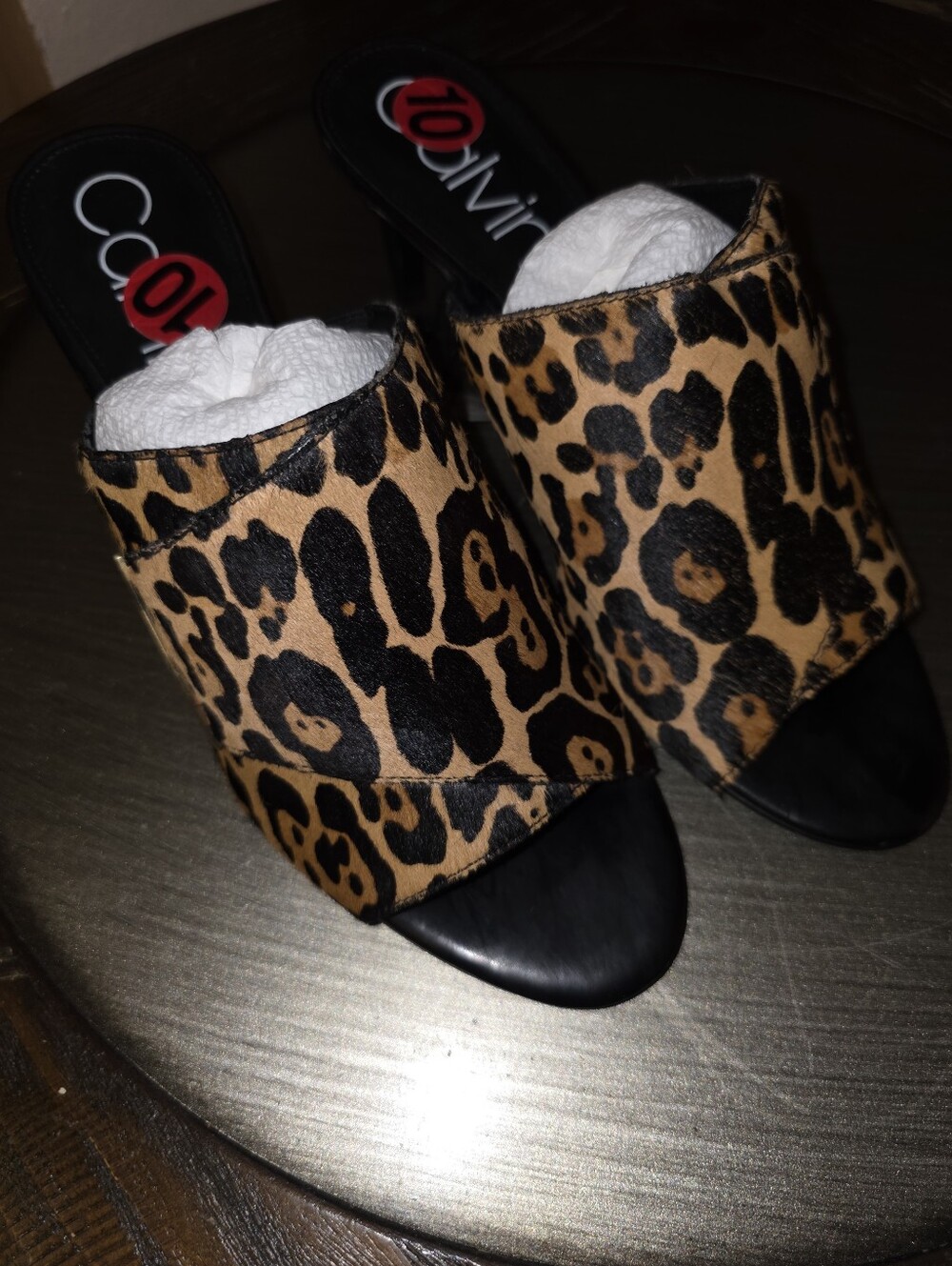 Calvin Klein Leopard Print Slide Mules in Black and Tan